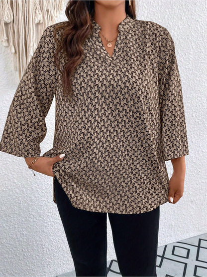 Plus Size, Plus Size Casual Top, Women's Plus Size Allover Print Roll Sleeve Split Neck Tunic Top