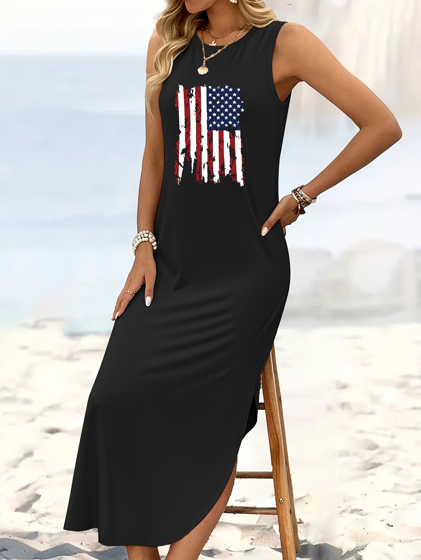 Women's American Flag Sleeveless Maxi Dress - Opaque Tank Dress with Round Neck & Slit Hem, Machine Washable Medium Stretch Suitable for Year-Round Wear, Casual Long Dress for,, Parties