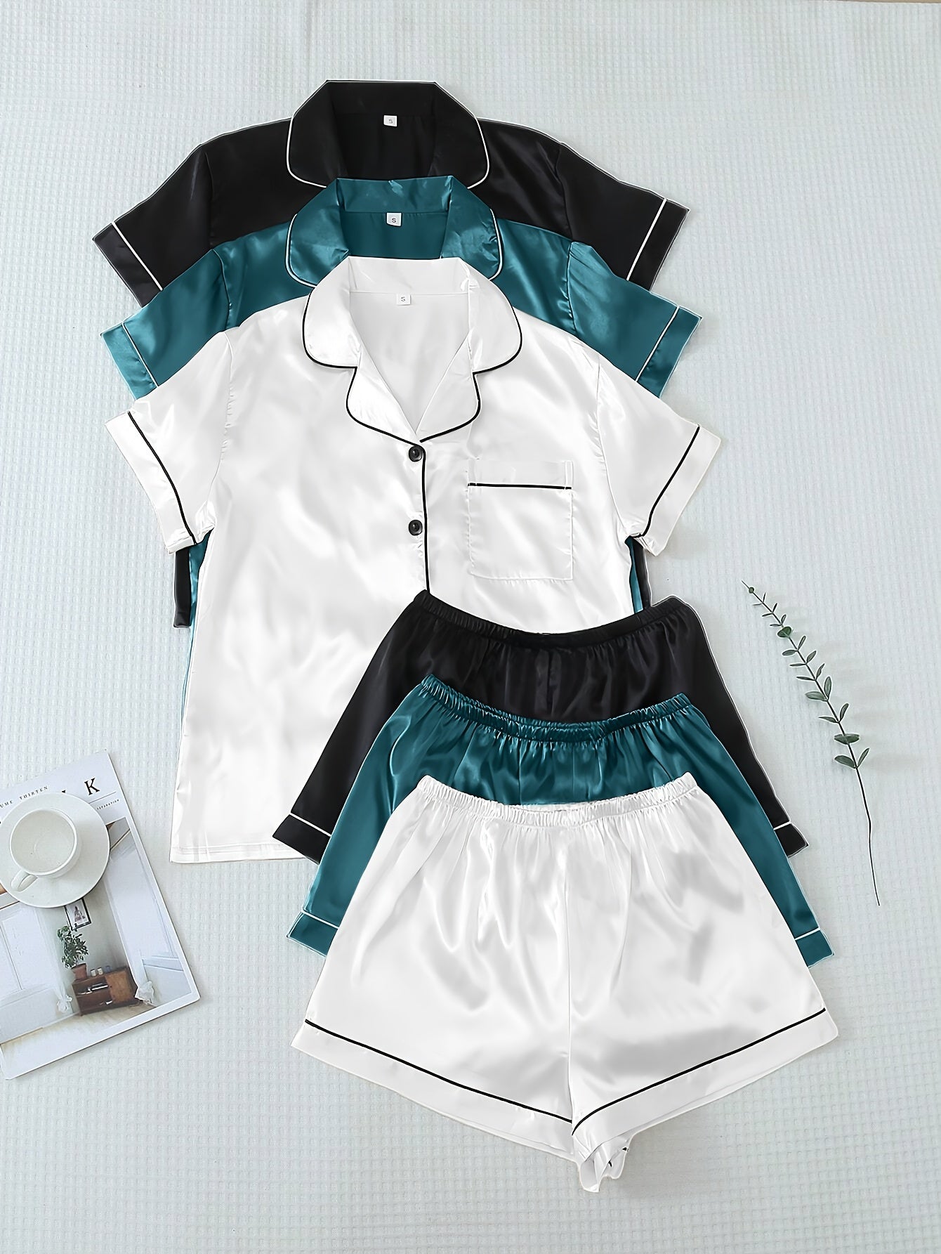 Casual, Fashionable, and Comfortable 6pcs Set in 3 Colors: Solid, Plain, Satin, and Satin Trim Short-Sleeve Shirt & Elastic Waist Shorts Pajama Set