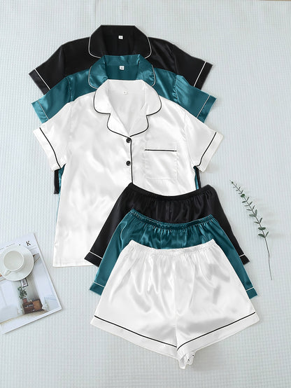 Casual, Fashionable, and Comfortable 6pcs Set in 3 Colors: Solid, Plain, Satin, and Satin Trim Short-Sleeve Shirt & Elastic Waist Shorts Pajama Set