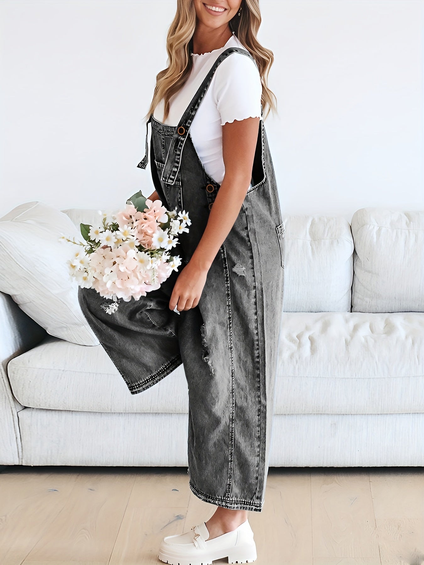 Casual Denim Overalls for Women Featuring a Loose Fit, Adjustable Straps, Distressed Design, And Pockets