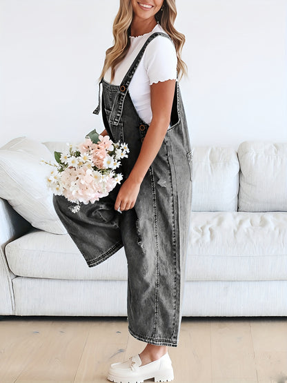 Casual Denim Overalls for Women Featuring a Loose Fit, Adjustable Straps, Distressed Design, And Pockets