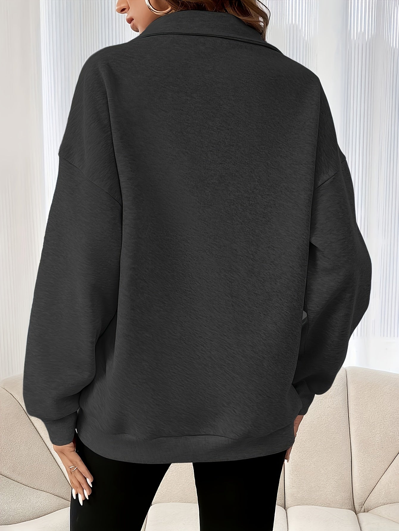 Casual Women's Drop Shoulder Sweatshirt with Half - Zip, Solid Color Sport Pullover