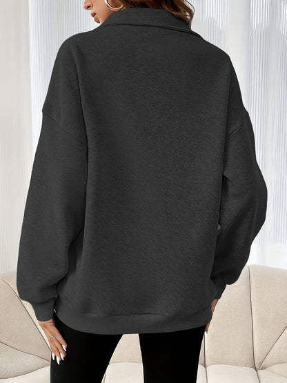 Casual Women's Drop Shoulder Sweatshirt with Half - Zip, Solid Color Sport Pullover