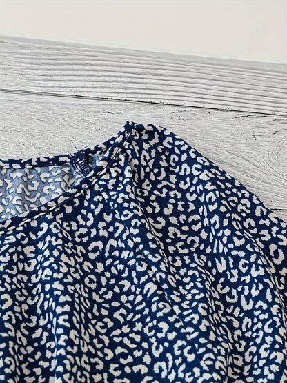 Plus Size Women's Boho Leopard Print Ruffle Sleeve Blouse - Asymmetrical Summer Top with Round Neck, Machine Washable Casual Vacation Shirt for Beach Outings & Warm Weather, Relaxed Setting Apparel, Nontransparent Fabric