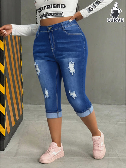 Women'S Plus Size High Waist Distressed Denim Capris, Stretchy Slim Fit Dark Wash Rolled Hem Knee-Length Jeans, Butt Lifting Casual Summer Cropped Pants for Curvy Figures