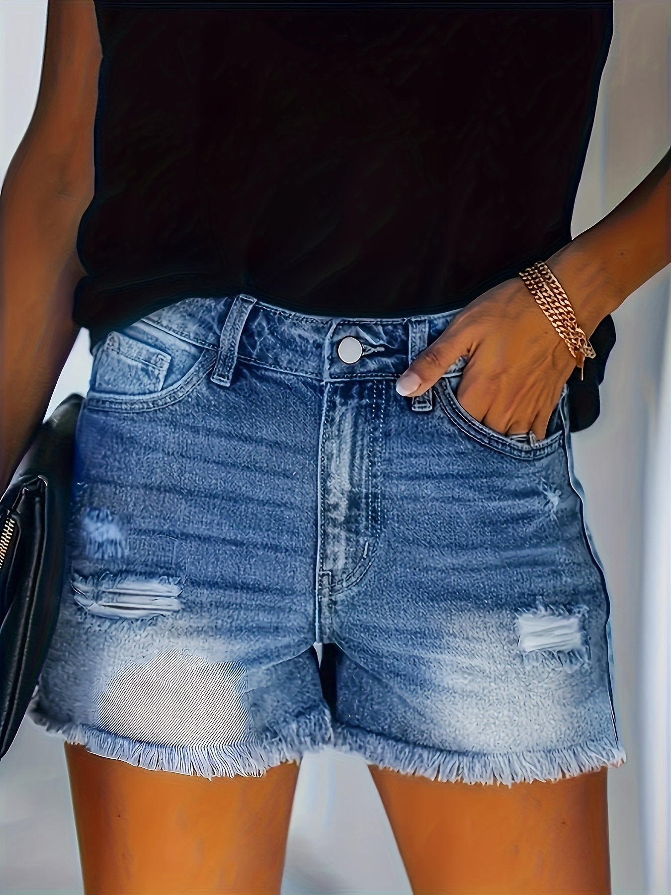 Women's Sea Blue Denim High-Waist Denim Shorts - product view 6