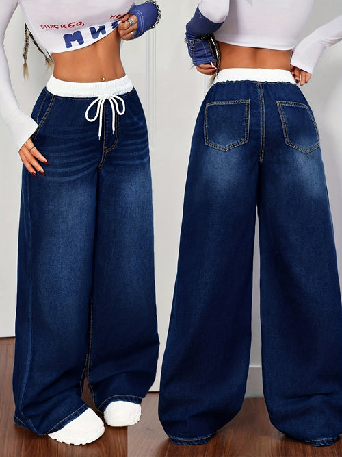 Women's Plus Size Blue Denim Pants - Whisker Details, Panel, Elastic Waist with Drawstring, Wide-Leg | High-Waisted, Slim-Fitting & Figure-Flattering | Retro Street & Casual Sporty Style | Versatile for All Seasons