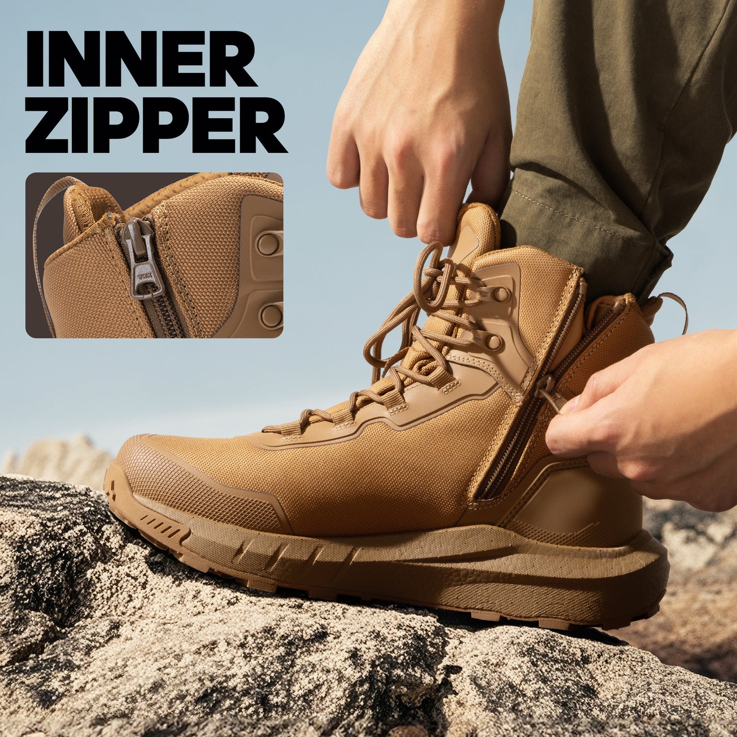 Men's Tactical Hiking Boot Lightweight Hunting Boots for Work All Day Side Zipper Motorcycle Combat Boot Arch Support 8 Inches