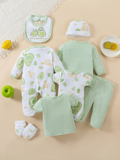 8pcs & Unisex Outfit Suit - Soft Avocado Print Romper, Matching Hat, Bib, Pants, Coat & More | - Clothing (Machine Washable) | 8pcs for 8pcs Set, Perfect for Outdoor