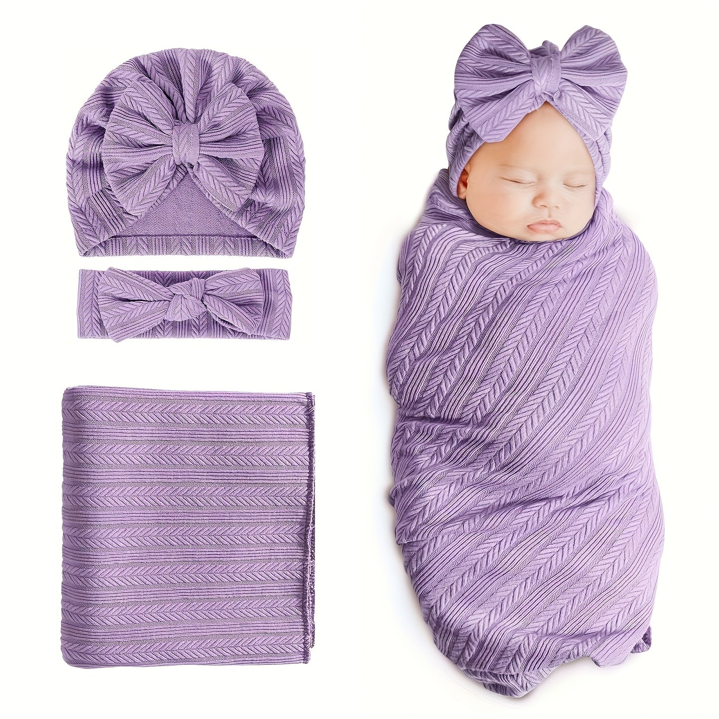 Baby Swaddle Blankets for Girls Boys, 3pcs Newborn Accessories Set with Matching Hat And Bow Headband Soft And Skin-friendly Texture, Suitable for All Four Seasons