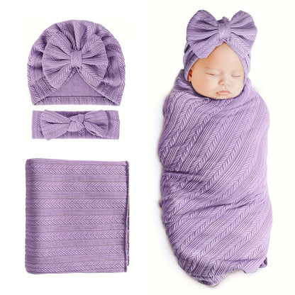 Baby Swaddle Blankets for Girls Boys, 3pcs Newborn Accessories Set with Matching Hat And Bow Headband Soft And Skin-friendly Texture, Suitable for All Four Seasons