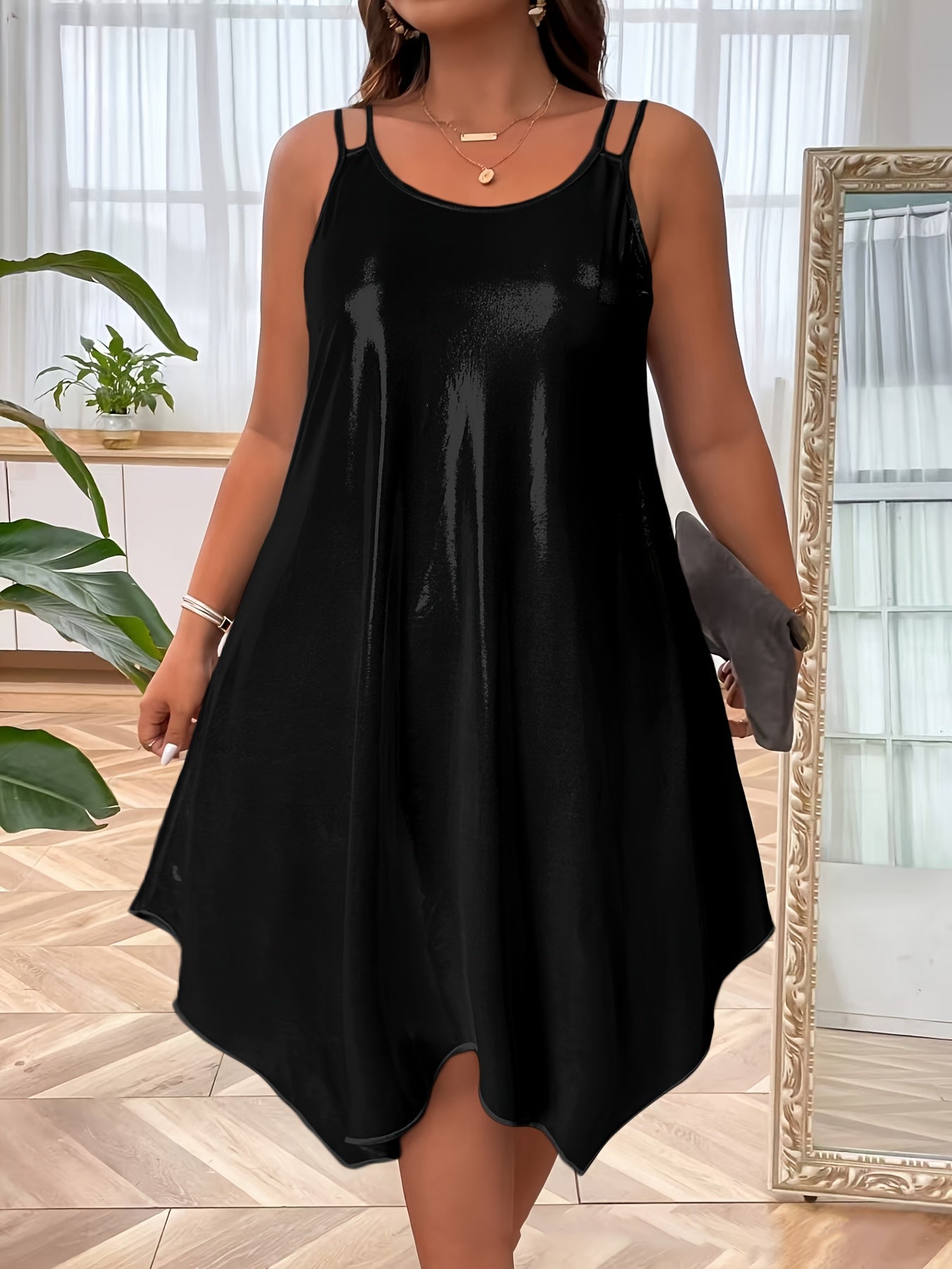 Plus Size, Fashionable Plus Size Suspender Dress - Metallic Casual Style with Asymmetric Hem, Sleeveless Round Neck Design, Perfect for Spring and Summer