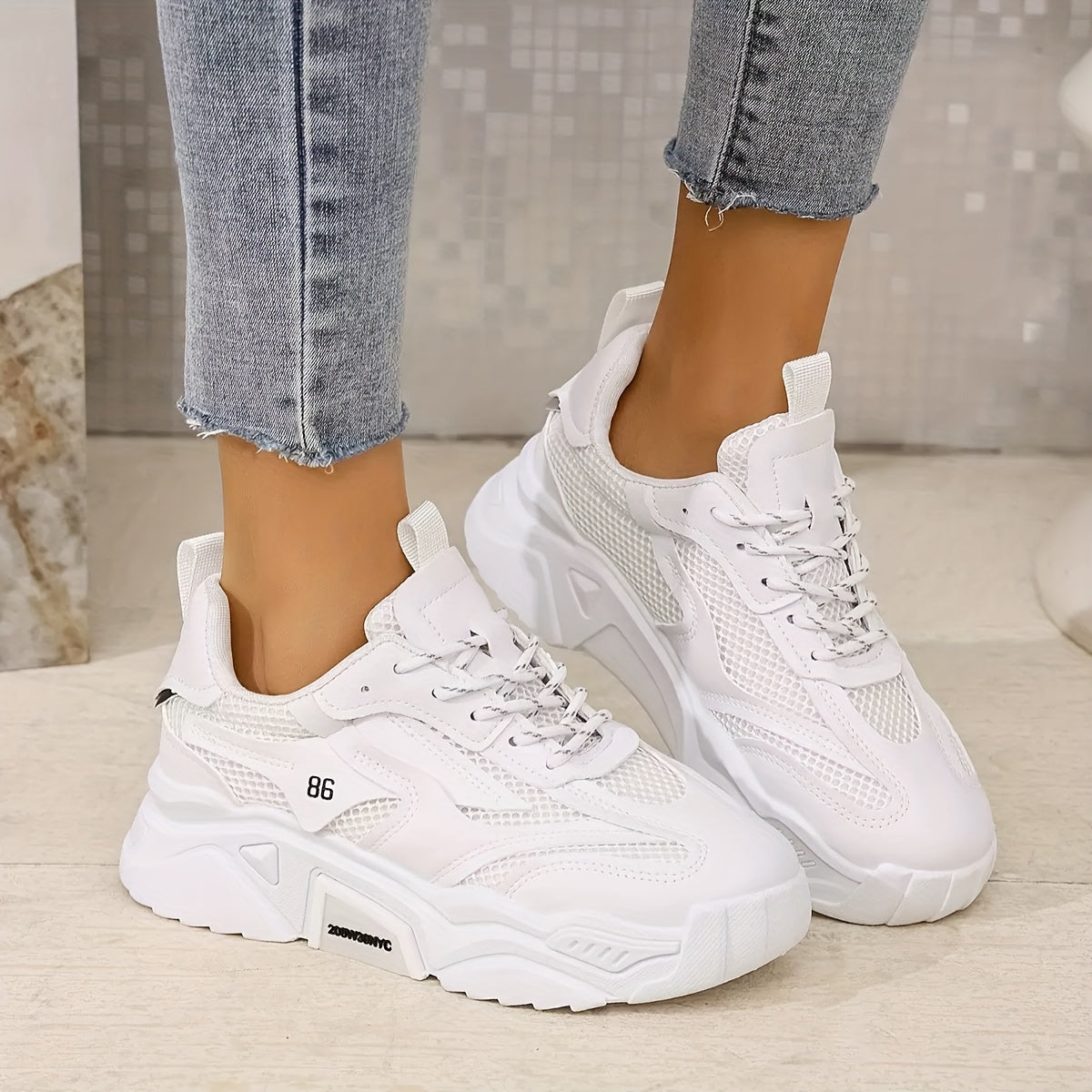 Women's Breathable Mesh Sneakers - Lightweight Low-Cut Round Toe Lace-Up Sneakers with Cushioning Sole & Upper, Minimalist White Suitable for Gym,, Casual Attire, - Casual Sports Footwear, Women Shoes