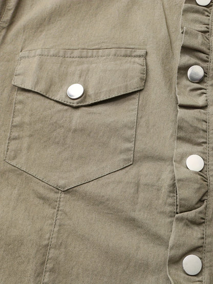 Solid Color Long Sleeve Button Up Retro Style Flap Pocket Denim Shirts Top, Women's Denim Jeans & Clothing