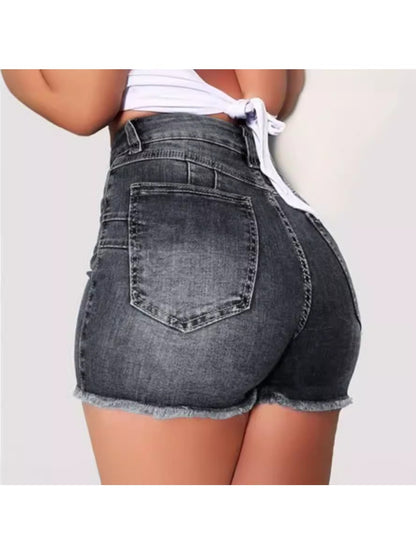Women's Dark Blue Denim High-Waist Slim-Fit Denim Shorts - product view 7