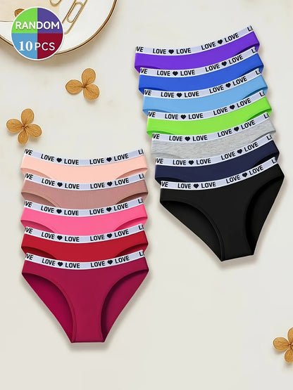 10pcs Women' Low-Rise Thongs Underwear - Non-Sheer Full Coverage Briefs Suitable for Yoga, Sports & Casual Attire, Seamless Skin-Friendly Voluminous Briefs with Subtle Lettering, Non- Full Coverage Panties