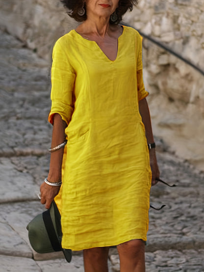 [Stylish Linen Dress] Autumn Linen Dress With A Small V-Neck, Featuring A Stylish And Elegant Look. It Has A Retro, Simple And Solid Color Design, And Comes With Three-Quarter Sleeves