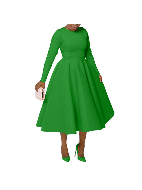 Plus Size - Plus Size Women'S Solid Color Round Neck Long Sleeve Back Pleated Flared Dress Autumn And Winter Elegant Long Dress
