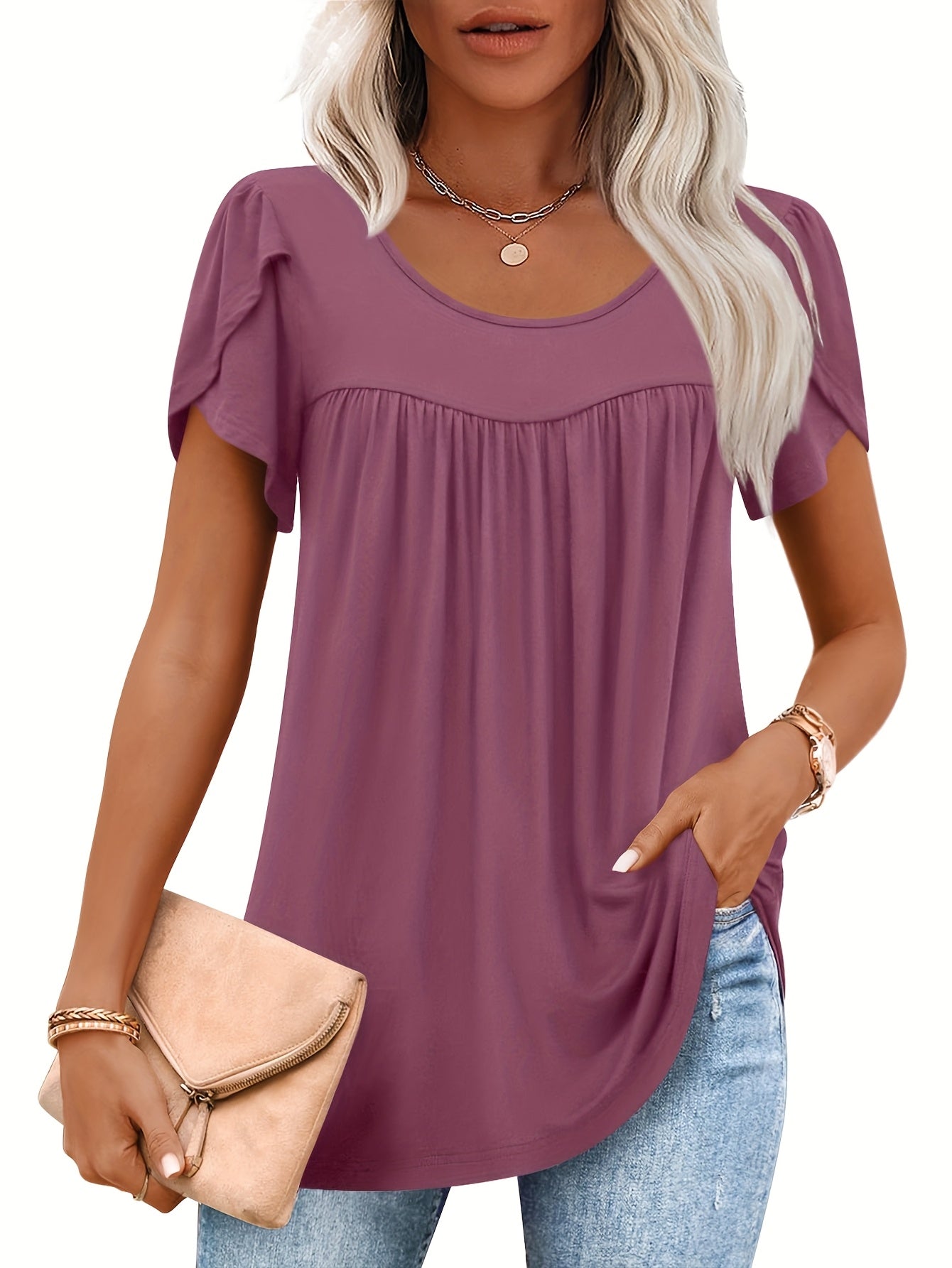 Three-piece Women's Spring And Summer Fashion And Breathable Top, Casual And Elegant, Loose Petal-sleeved Shirt, Round-neck Pleated Short-sleeved T-shirt