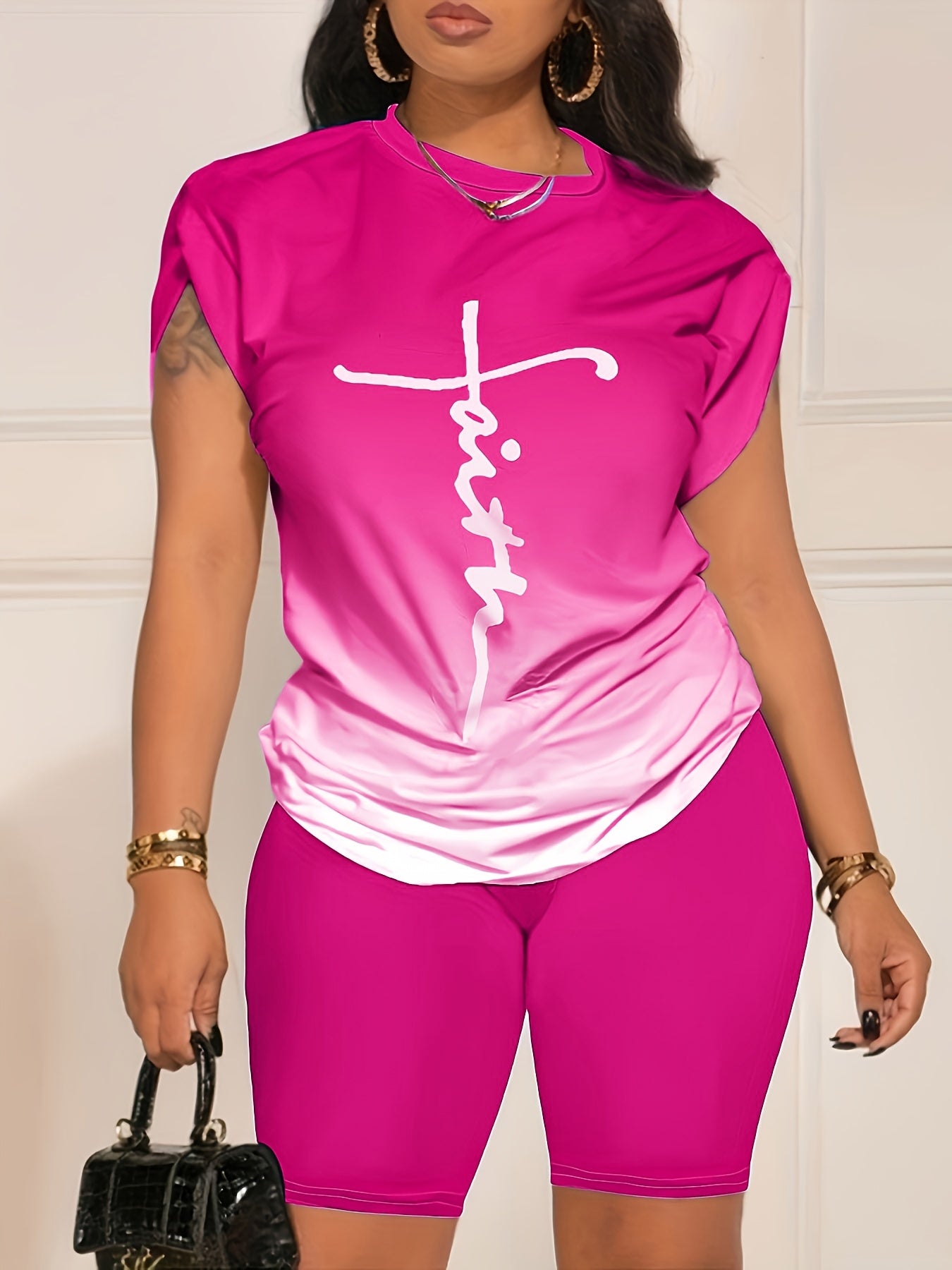 2pcs Plus Size Cross Printed Gradient Set, Women's Fashion Casual Short Sleeve Round Neck Top, Motorcycle Shorts Plus Size Set