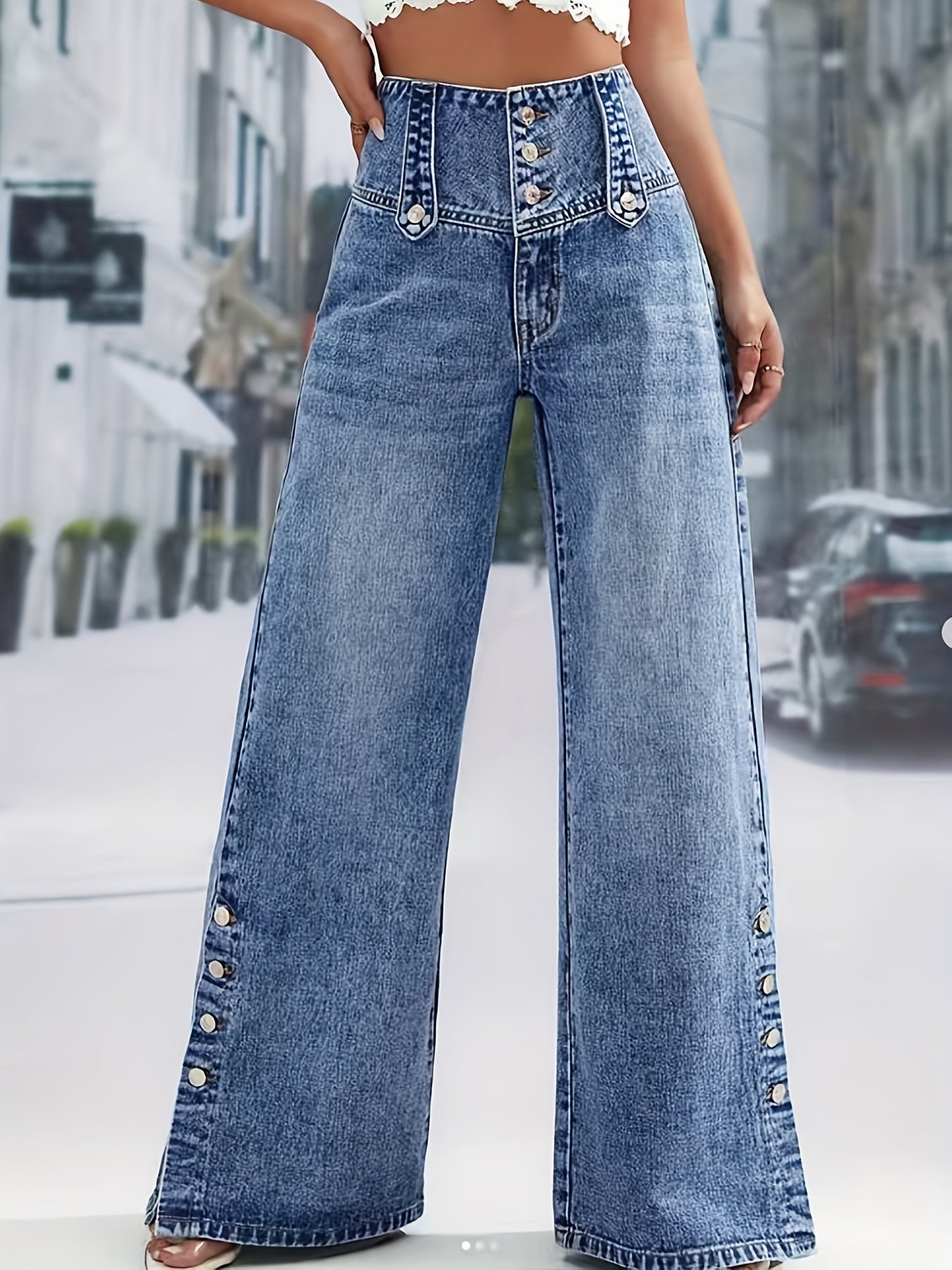 Women'S Light Blue Denim with a High Waist And Snowflake Pattern, Featuring a Buckle Design, Snap Boot Pant Legs, And a Straight, Loose Wide-Leg Cut. This Stylish Casual Outfit Is Perfect for Weekdays And Weekend Shopping, Machine Washable