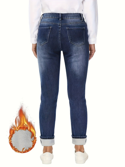 1pc Women's Thermal Insulated Fleece-Lined Skinny Jeans - High-Stretch Winter Pants with Fleece Lining, Heavy-Duty Stitching & Washed Blue Texture, Straight Leg Fit for Office, Streetwear & Weather (Hand Washable)