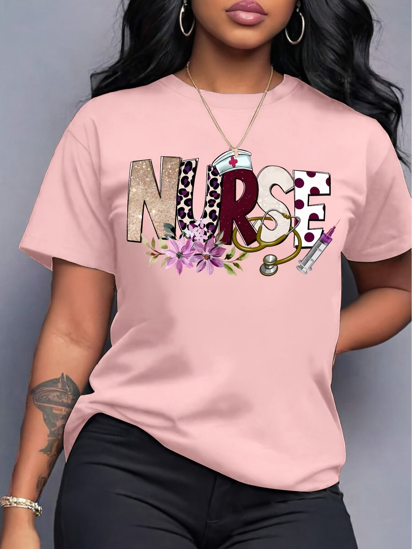 Women's Nurse Print T-Shirt with -Themed Design - Short Sleeve Round Neck Loose Fit Top, Breathable & Machine Washable, Vibrant Turquoise Blue with Stethoscope & Syringe Print, Fun Nursing Apparel for Spring Summer Fall Casual Wear, Ideal for Nurses Day &
