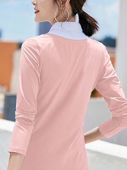 Women's Casual Elegant Shirt - Soft Pink Solid Color, Breathable Stretch Fabric, Machine Washable Collar Button-Front Top for Spring/Summer, Versatile Casual & Formal Wear, Medium Elasticity, Buttonup Front, Stretchable Material, Summer Outfit, Classic St