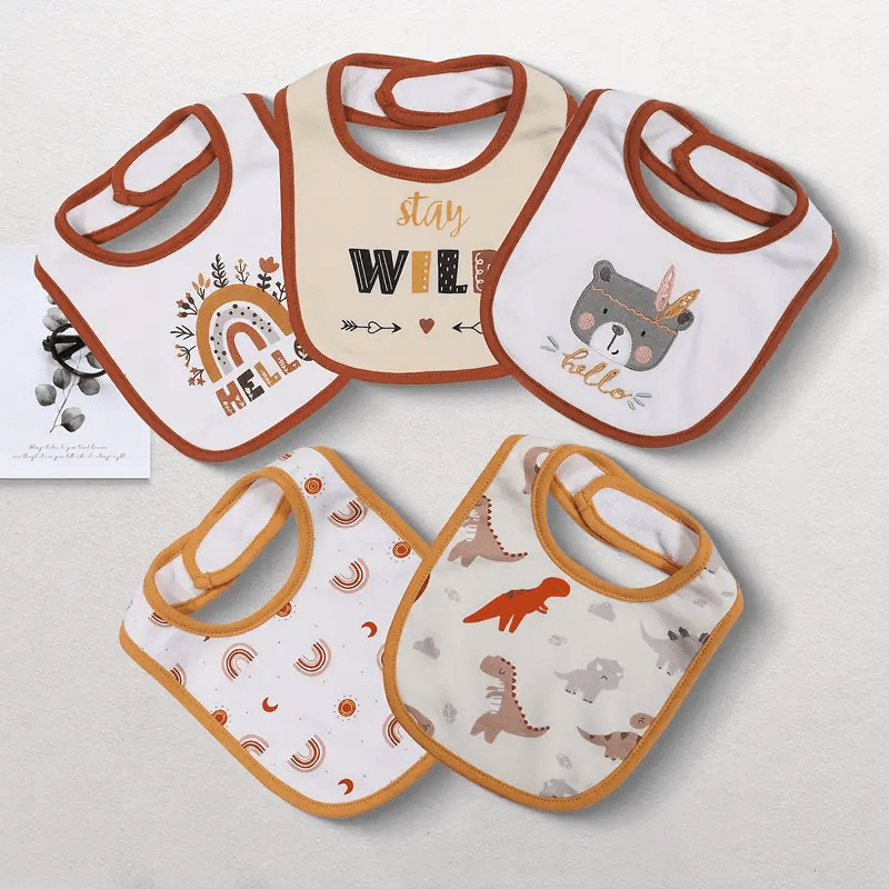 5-Pack Baby Bibs with Adjustable Snaps - Cute Cartoon Embroidery, Unisex Design for Boys & Girls - Perfect for Mealtime Messes