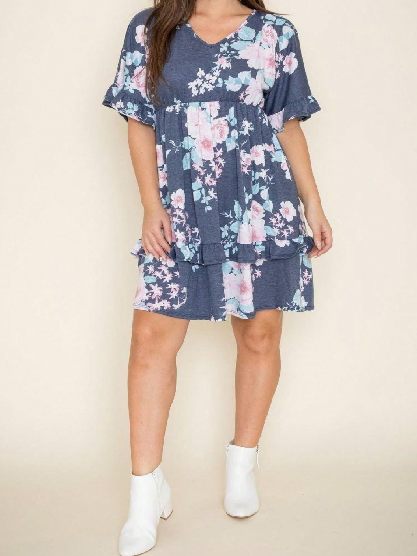 Vintage Boho Navy Pink Yellow White Charcoal Floral Ruffle flutter Trim Midi Dress S-3X