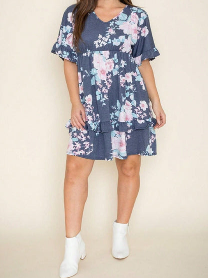 Vintage Boho Navy Pink Yellow White Charcoal Floral Ruffle flutter Trim Midi Dress S-3X