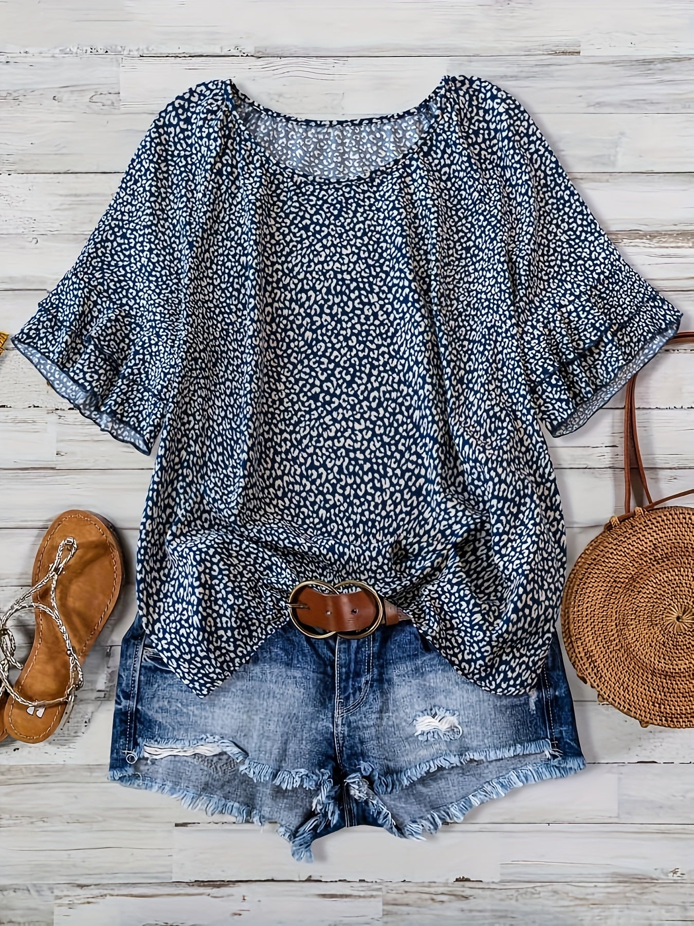 Plus Size Women's Boho Leopard Print Ruffle Sleeve Blouse - Asymmetrical Summer Top with Round Neck, Machine Washable Casual Vacation Shirt for Beach Outings & Warm Weather, Relaxed Setting Apparel, Nontransparent Fabric