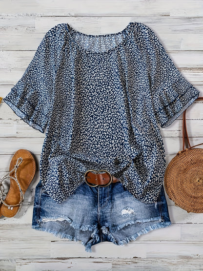 Plus Size Women's Boho Leopard Print Ruffle Sleeve Blouse - Asymmetrical Summer Top with Round Neck, Machine Washable Casual Vacation Shirt for Beach Outings & Warm Weather, Relaxed Setting Apparel, Nontransparent Fabric