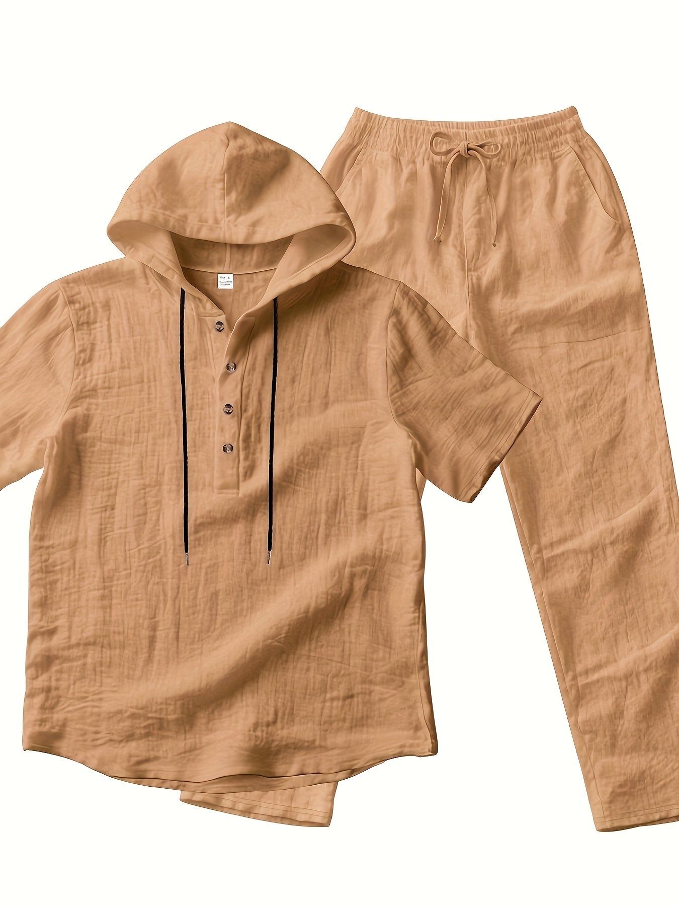 Men'S Casual Linen Hooded 2pcs Set, Short Sleeve Drawstring Henley Shirt And Wide Leg Pants, Breathable Non-Stretch Fabric, Loose Fit for Vacation, Home And Outdoor, Multi-Color Options