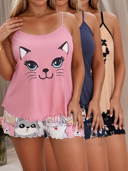 3 Sets of Women'S Plus Size Comfortable Pajama Sets, Including Coffee/Heart/Cat Print Patterns, Shorts And Printed Suspenders Home Clothes