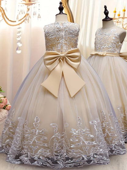 Flower Girl Lace Dress for Kids Wedding Bridesmaid Pageant Party Formal Long Gown Princess Communion Tulle Bow Dresses