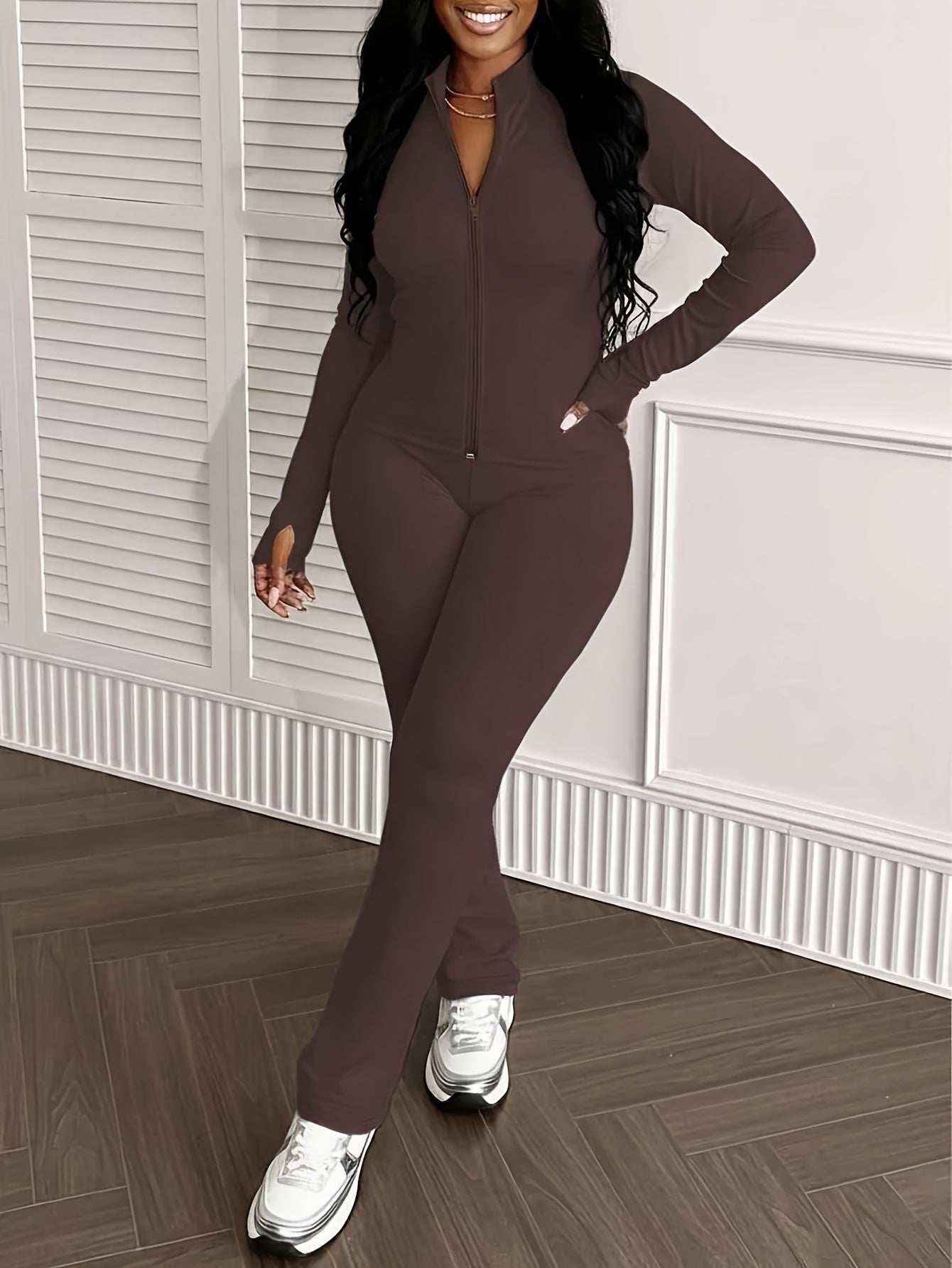 Women'S 2pcs Sets Long Sleeve Zip Up Crop Tops And Flare Pants Casual Oufit Jogger Loungewear Set