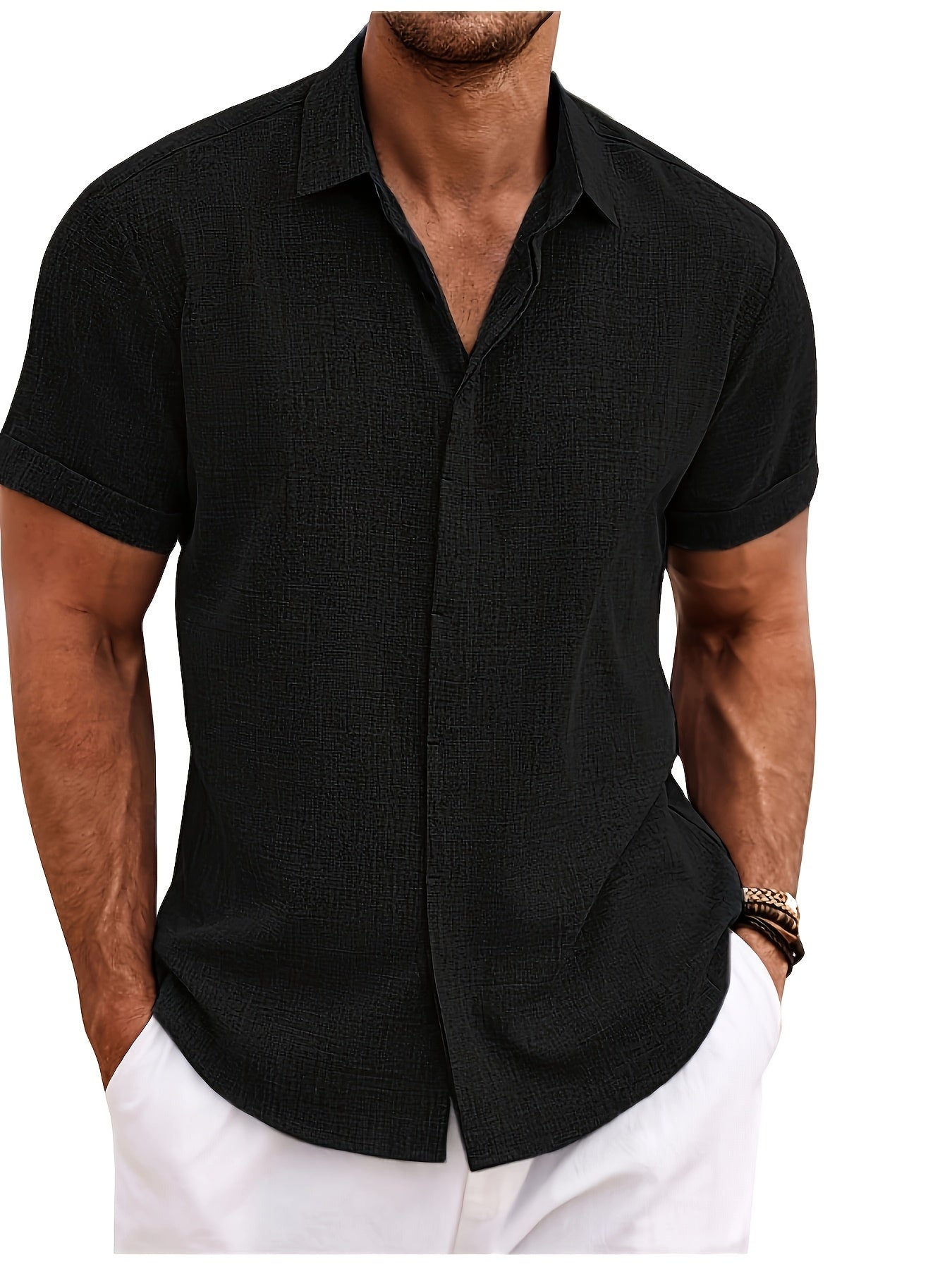 Men's Plus Size Double Placket Short Sleeve High Quality Shirt, Suitable for All Seasons, Home Short Sleeve Turn Collar Shirt, PLUS SIZE