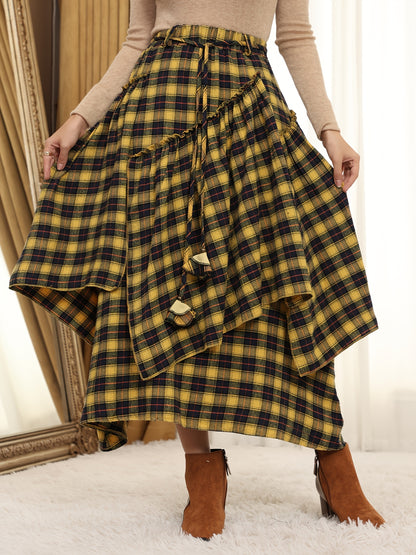 Victorian Gothic Handmade Fringe Plaid Skirt 2025 | Asymmetric Ruffle High-Waist Beach Skirt | Elastic Waist Multi-Layer Vacation Dress | Spring Summer Sweet Style Ladies Gift
