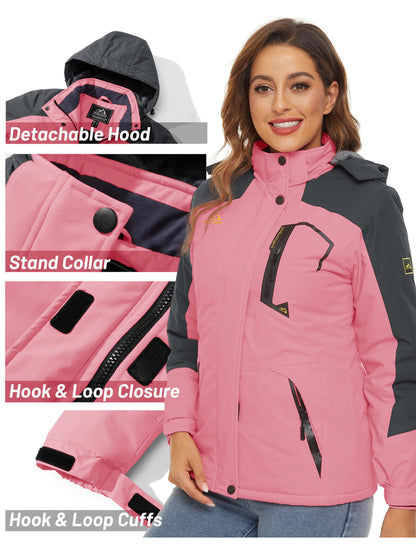 Women'S Warm Ski Jackets Winter Windproof Thermal Fleece Lined Coats Outdoor Detachable Hooded Heavy Weight Thick Jacket Camping Climbing Traveling Snowboard Windbreaker