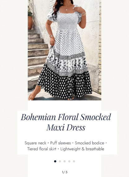 Plus Size - 1pc Spring Summer Mother'S Day Plus Size Women Elegant Bohemian Maxi Dress - Square Neck Puff Sleeve Smocked Bodice Floral Geometric Print Tiered Long Skirt Sophisticated Graceful Style For Vacation Beach Party Wear