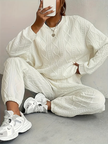 New Spring And Autumn Collection Of European And American Women'S Clothing - Jacquard Long - Sleeve Casual Round - Neck Sweatshirt And Trousers Set.Women'S Suits, Women'S Two-piece Suits