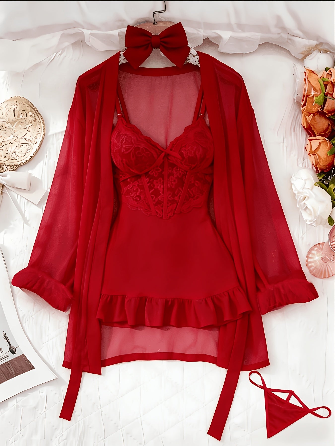 [3pcs Sheer Lace Set] Women's Lingerie 3pcs Sheer Lace Babydoll Set With Robe And Panty See Through Trim Mesh Sleepwear Sexy Nightwear
