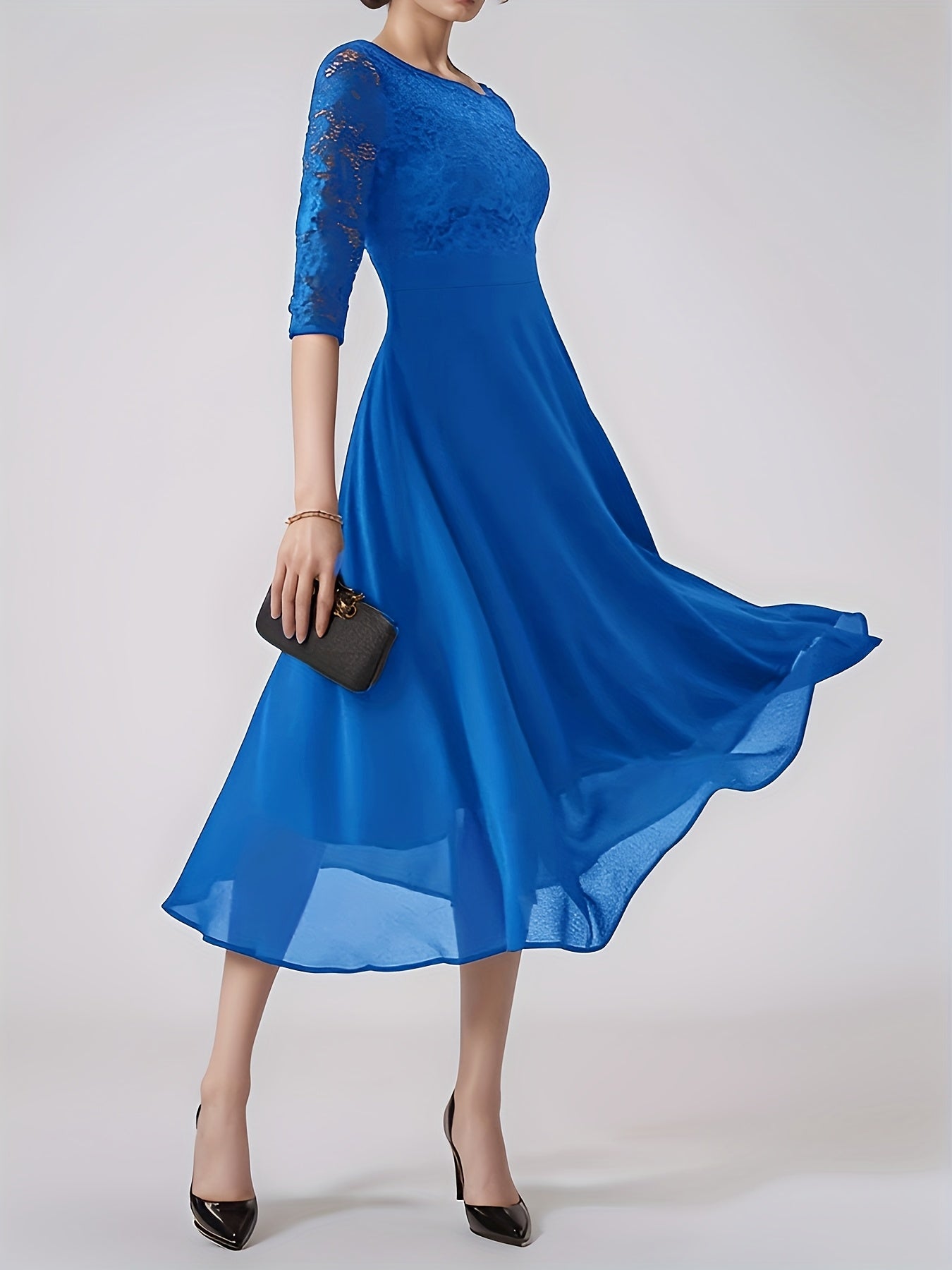 Elegant Navy Blue Lace-Trimmed Chiffon Evening Gown with Short Sleeves And Flowing Skirt, Perfect for Formal Events And Parties, Formal Evening Gown