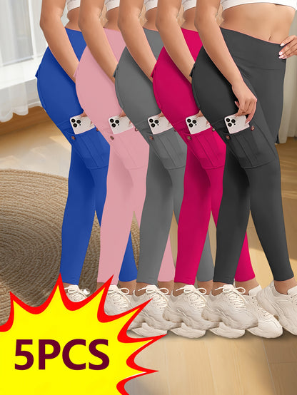 5pcs High-waisted Yoga Pants with 4 Button Pockets, Elastic Buttocks Lifting, Shaping And Abdominal Tightening Running Yoga Pants, Women's Yoga Stretching Exercise Pants, 5pcs Yoga Pants Set, Women's Yoga Pants Set