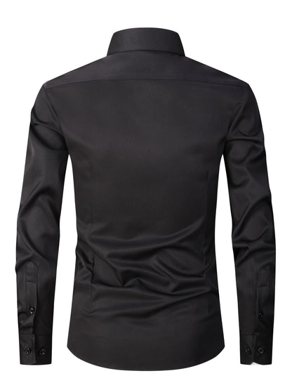 Men's Slim Fit Muscle Shirt - Stretch Polyester Blend Long Sleeve for Body Contouring | Glossy Solid Color Workout & Casual Shirt | Spring/Fall Gym-to-Street Wear (Hand Wash)