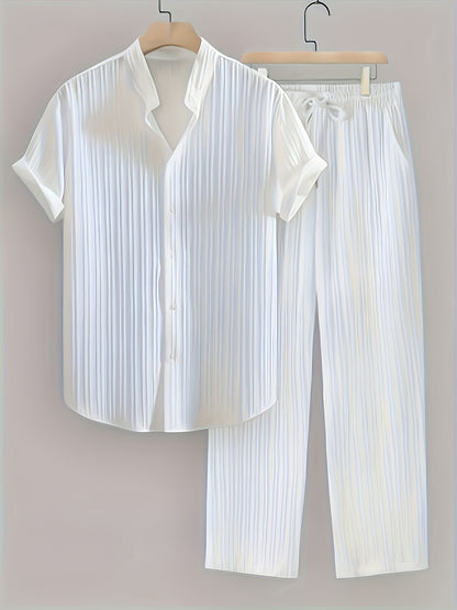Men's 2pcs Striped Shirt and Trousers Set, Regular Fit, Casual and Comfortable, Striped Short-sleeve Shirt, Button- Lapel Shirt, Suitable for Daily Wear and Beach Vacations