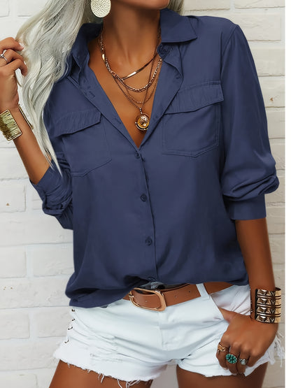 Women's Solid Color Lapel Long Sleeve Button- Shirt - Casual & Office Versatile Blouse, Machine Washable Spring/Fall Top with Classic Collar Design