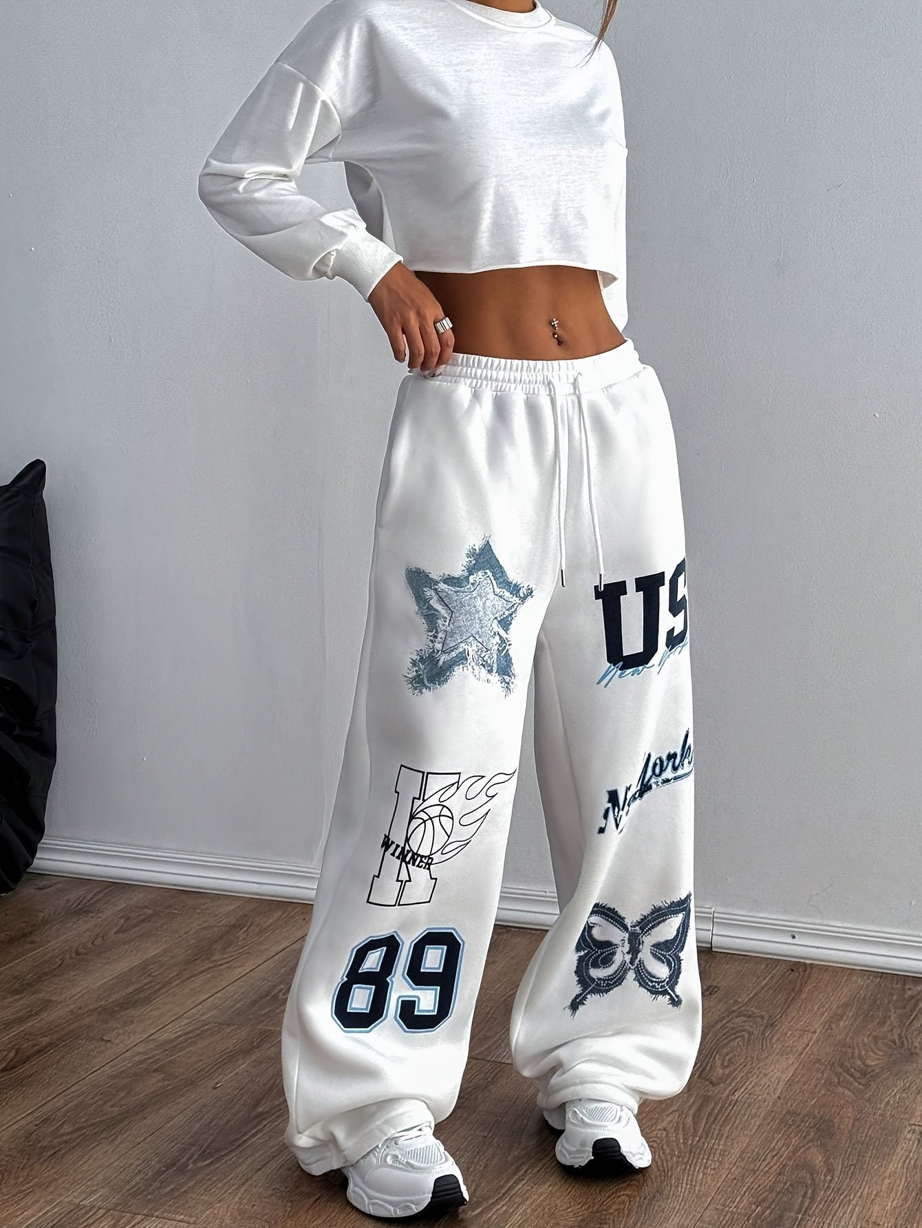 Women'S Casual Print Loose-Fit Pants with Drawstring, And Blend, Machine Washable